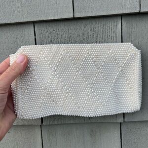 Vintage MCM beaded cream clutch made in Japan zip top heritage glam